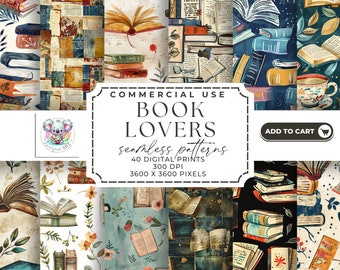 May include: A set of 40 digital seamless patterns featuring books, flowers, and stars. The patterns are in a variety of colors, including blue, green, brown, and white. The patterns are 3600 x 3600 pixels and 300 DPI. The text "COMMERCIAL USE BOOK LOVERS seamless patterns 40 DIGITAL PRINTS 300 DPI 3600 X 3600 PIXELS" is displayed on the image.
