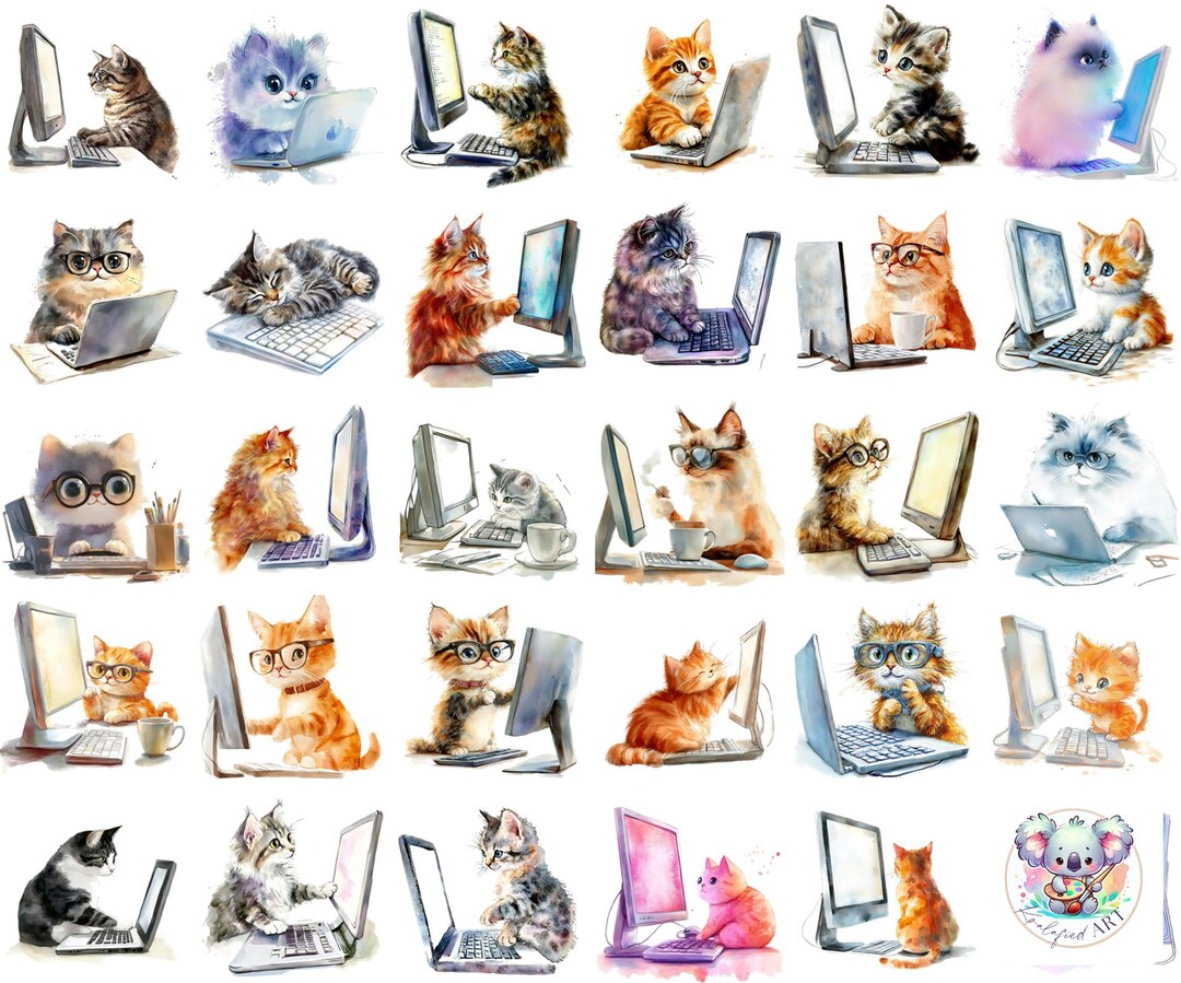 Watercolor Cat on Computer Clipart: Tech-savvy Felines (PNG Digital ...