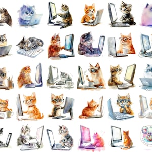 Puede incluir: Una ilustración digital de arte de 25 gatos de acuarela usando computadoras y portátiles. Los gatos están en varias poses y expresiones, algunos usando gafas. El fondo es blanco.