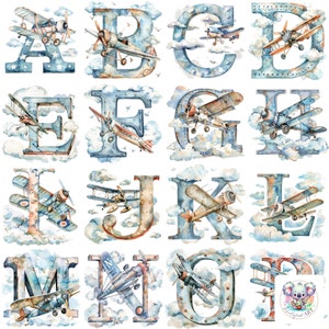 Retro Flying ABC: Letra do alfabeto de avião vintage completo Clipart PNGs | 26 designs exclusivos de 300 DPI para projetos de aviação nostálgica
