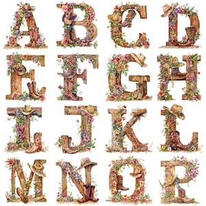 Clipart de alfabeto de letras de país ocidental em aquarela - 26 PNGs rústicos, 300 DPI, perfeito para decoração temática e scrapbooking