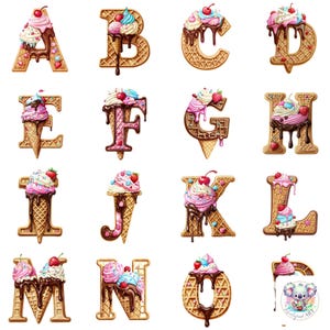 IJs Alfabet Clipart Letters A-Z – Wafelhoorns met toppings, chocoladedruppels, hagelslag en kersen voor ontwerpen met zomerthema
