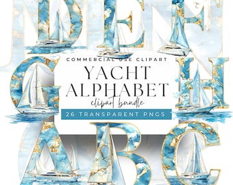 Yacht Alphabet Clipart PNG, 26 Watercolor Sailing Letters, Nautical Monogram Art for Beach Decor, Invitations & Coastal Crafts