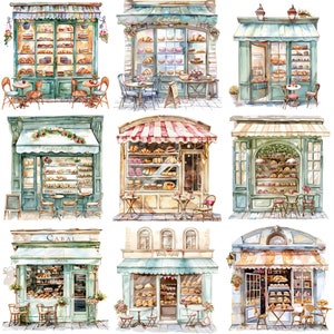 Clipart aquarelle pâtisseries café parisien PNG - 20 illustrations haute résolution de 300 ppp pour travaux manuels, invitations et décoration vintage