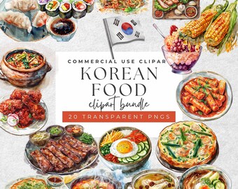 Korean Food Watercolor Clipart: Gourmet Cuisine PNG Bundle
