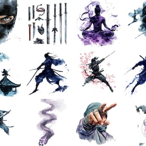 Ninja-clipartillustraties: stealth, gevechten en symbolen (digitale download)