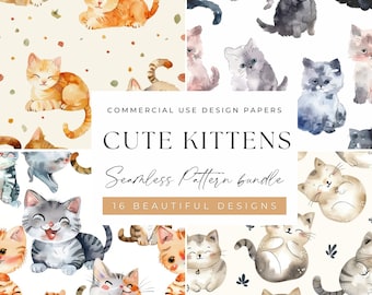 Cute Kittens Seamless Patterns – Watercolor Feline Designs (Digital Download)