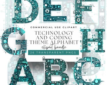 Tech Alphabet Clipart: Circuit Board Letters, STEM Decor (PNG)