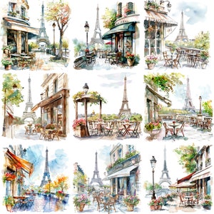 Images romantiques à l'aquarelle de Paris Cafe et de la Tour Eiffel PNG : 28 images uniques de 300 ppp pour des projets de bricolage, des invitations et plus encore