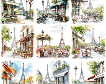 Aquarelle Paris Café Tour Eiffel Cliparts : 300 DPI PNGs (téléchargement numérique)