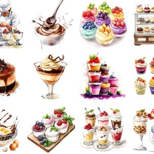 48 decadenti disegni di clipart di mousse che celebrano il giorno della mousse con illustrazioni di dessert dipinte a mano per tutte le occasioni