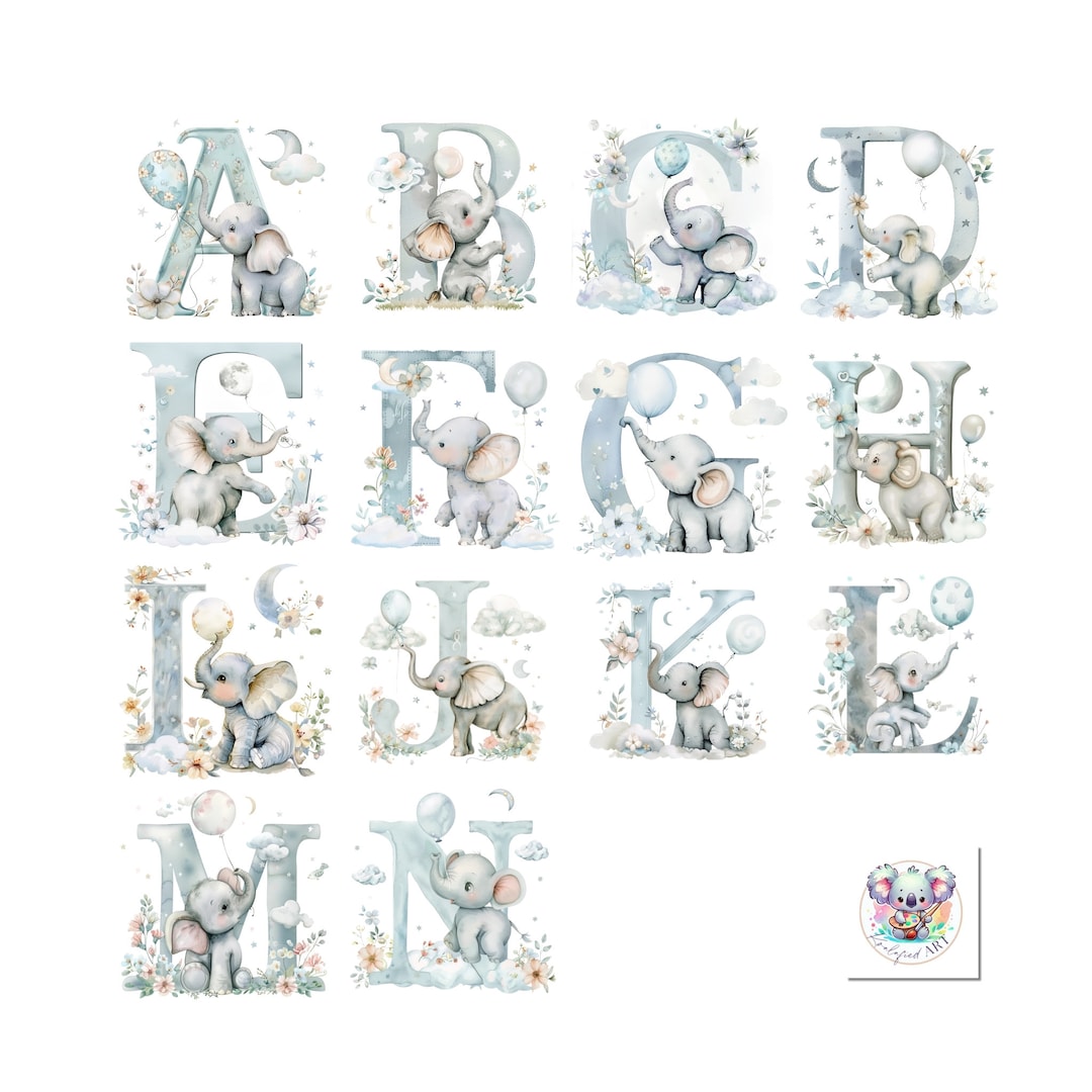 Watercolor Elephant Alphabet Clipart: Blue Safari Letters (pngs) - Etsy