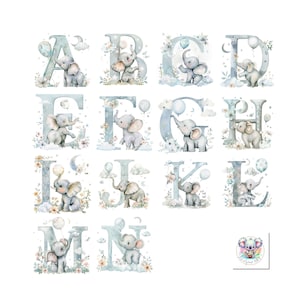 Script Safari serein - Clipart alphabet lettres éléphant bleu aquarelle - 26 PNG apaisants pour décoration d'enfant