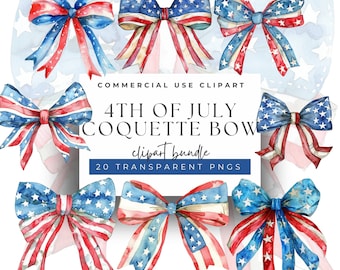 Watercolor 4th of July Bow Clipart: 20 Patriotic PNGs (Digital Download)