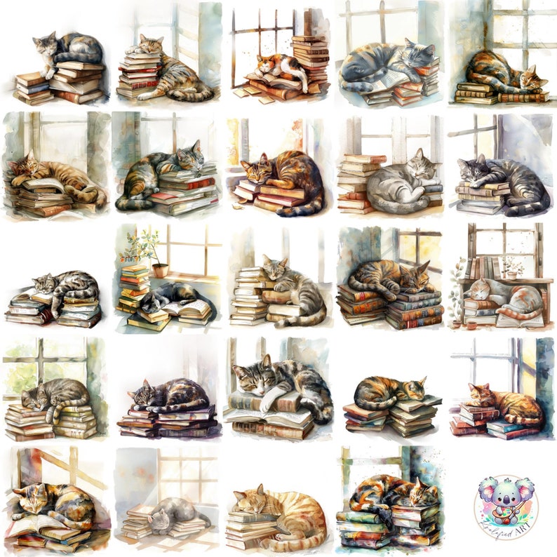 Watercolor Sleeping Cat on Books Cliparts Pngs: 24 High-resolution 300 ...