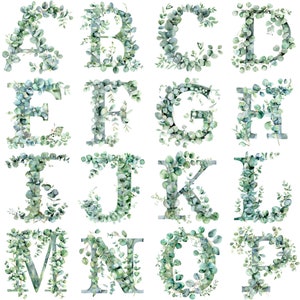 Aquarell Eukalyptus Buchstaben Alphabet Clipart PNG: 26 Detaillierte 300 DPI Buchstaben Perfekt für von der Natur inspirierte und umweltfreundliche Designs