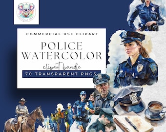Blue Duty - 70 Watercolor Police Cliparts for Creative Projects, High-Res PNGs