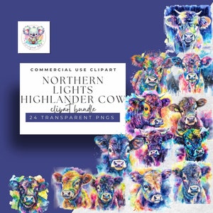 Aurora Bovine Beauty - Clipart dell'aurora boreale della mucca Highlander dell'acquerello - 24 PNG luminosi, 300 DPI