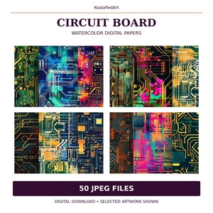 Circuit Board Digital Papers, 50 Watercolor JPEG Patterns, 3600 × 3600 px