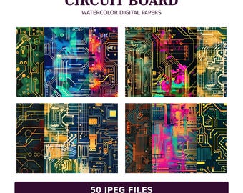 May include: A collection of digital papers featuring circuit board patterns in various colors including green, blue, orange, and pink. The text reads KoalafiedArt, CIRCUIT BOARD, WATERCOLOR DIGITAL PAPERS, 50 JPEG FILES, DIGITAL DOWNLOAD.