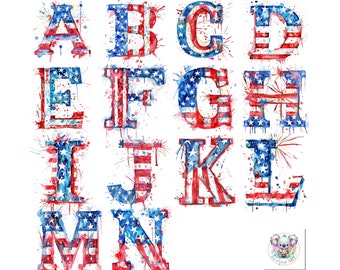 Patriotic Watercolor Alphabet Clipart: 4th of July USA Letters (300 DPI)