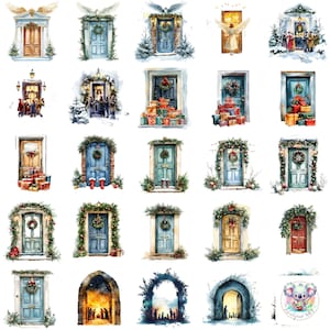 Watercolor Christmas Door Clipart - Cozy Winter Decoration - 39 High Quality PNG - Festive Entrance PNG Bundle