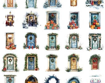 Watercolor Christmas Door Clipart: Festive PNG Bundle (Digital Download)