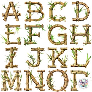 Cliparts de letras del alfabeto de bambú PNG: 26 diseños de letras ecológicos de alta resolución y 300 ppp para manualidades, invitaciones y decoración natural