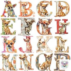 Chihuahua Cuteness Overload: aquarel chihuahua-alfabet clipart-png's | Complete set van 26 letters op 300 dpi voor schattige hondenknutsels