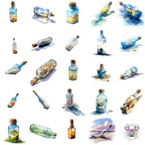 ボトルに入ったメッセージ クリップアート PNG、水彩画の航海ボトル 41 個、招待状、スクラップブッキング、デザイン用の透明な海のメッセージ アート
