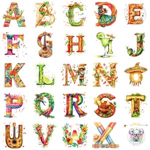 Acuarela Cinco de Mayo Alfabeto Clipart PNG, Letras Festivas Transparentes con Sombreros, Piñatas, Tacos y Más para Diseños de Fiestas