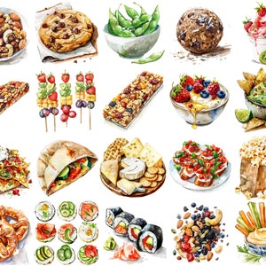 Delicious Snacks Food Clipart Collection - 20 High-Resolution 300 DPI PNGs Featuring Tasty Treats, Savory Snacks, Healthy Bites for Crafting