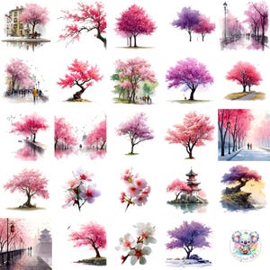 Aquarell Kirschblüten Clipart PNG, 48 Transparente Sakura Baum & Blumen Kunst, Frühlingsblumen Clip Art für Hochzeit, Kunsthandwerk und Design