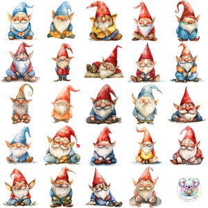 Watercolor Sleepy Gnome Cliparts PNGs: 24 High-Resolution 300 DPI Whimsical Illustrations for Crafting and Decor