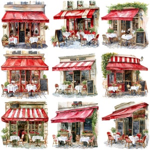 Romántico acuarela rojo café parisino Cliparts PNGs - 20 exquisitas ilustraciones de 300 DPI para decoraciones de bodas y fiestas de temática francesa