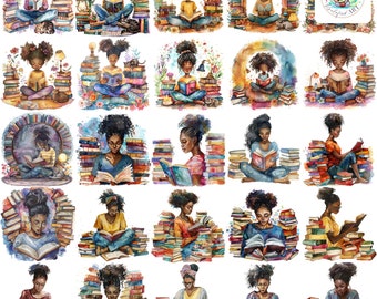Watercolor Black Girl Reading Clipart: 28 PNG Illustrations (300 DPI)