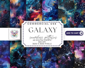 Könnte beinhalten: Ein Set mit 40 digitalen, nahtlosen Galaxie-Mustern in den Farben Blau, Lila, Rosa und Gold. Die Muster sind 3600 x 3600 Pixel groß und haben eine Auflösung von 300 DPI. Der Text auf dem Bild lautet "COMMERCIAL USE GALAXY seamless patterns 40 DIGITAL PRINTS 300 DPI 3600 X 3600 PIXELS ADD TO CART".
