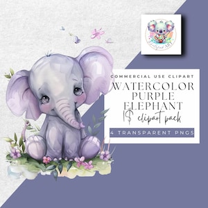 Imágenes Prediseñadas de elefante púrpura - 4 acuarela PNG Set - Descarga instantánea