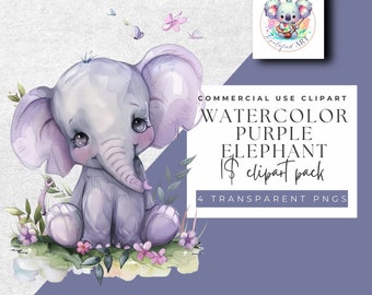 Imágenes Prediseñadas de elefante púrpura - 4 acuarela PNG Set - Descarga instantánea