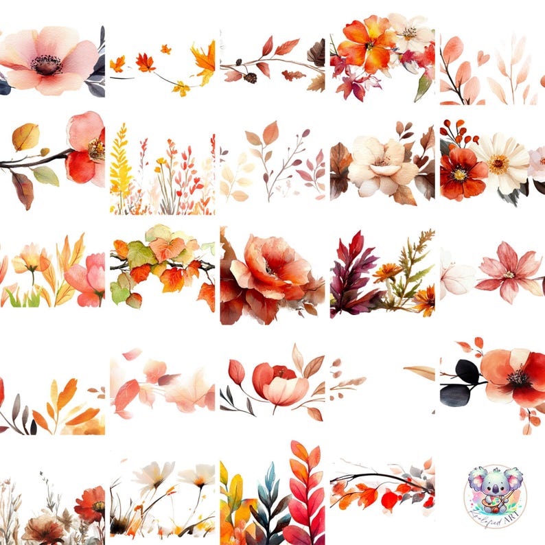 Autumn Floral Border Clipart Collection for Instant Download - Perfect for Sublimation Design Projects