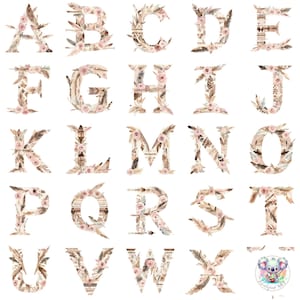 Alfabeto de plumas pastel estilo boho chic en acuarela PNG, letras florales transparentes con rosas y acentos tribales para diseños elegantes