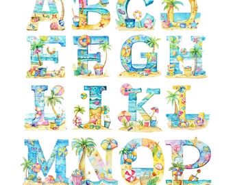 Coastal Characters - Watercolor Beach Alphabet Clipart - 26 Seaside Letter PNGs, High-Res for Beach Decor