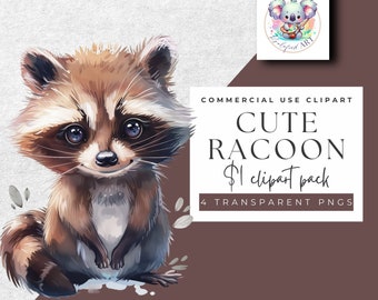 Cute Raccoon Watercolor Clipart – Forest Animal PNG Images (Digital Download)