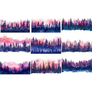 May include: A set of nine watercolour illustrations featuring a silhouette of a forest with a pink and purple sky. The illustrations are perfect for adding a touch of nature to your designs.