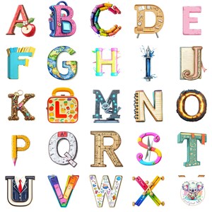 104 lettres de l'alphabet pour la rentrée | Lettres de A à Z sur le thème des fournitures scolaires | 4 modèles par lettre | Ensemble d'illustrations pour la classe et l'apprentissage