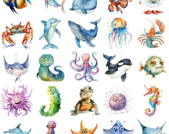 Lot de 100 cliparts aquarelle animaux marins : 100 illustrations PNG (300 ppp)