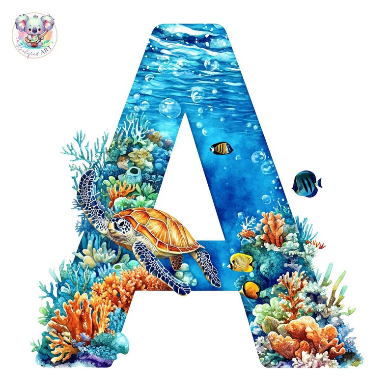 Great Barrier Reef Alphabet Clipart PNG, Sea Turtle Coral Reef Letter Art, Ocean ABC, Underwater Marine Life Font for Decor and Learning