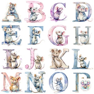 Mousey ABC: Imágenes prediseñadas completas de letras del alfabeto de ratón en acuarela, PNG / 26 diseños únicos de 300 ppp para encantadores proyectos infantiles