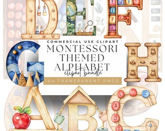 Montessori Alphabet Clipart: Watercolor ABC Learning, Classroom Decor (PNG Digital Download)