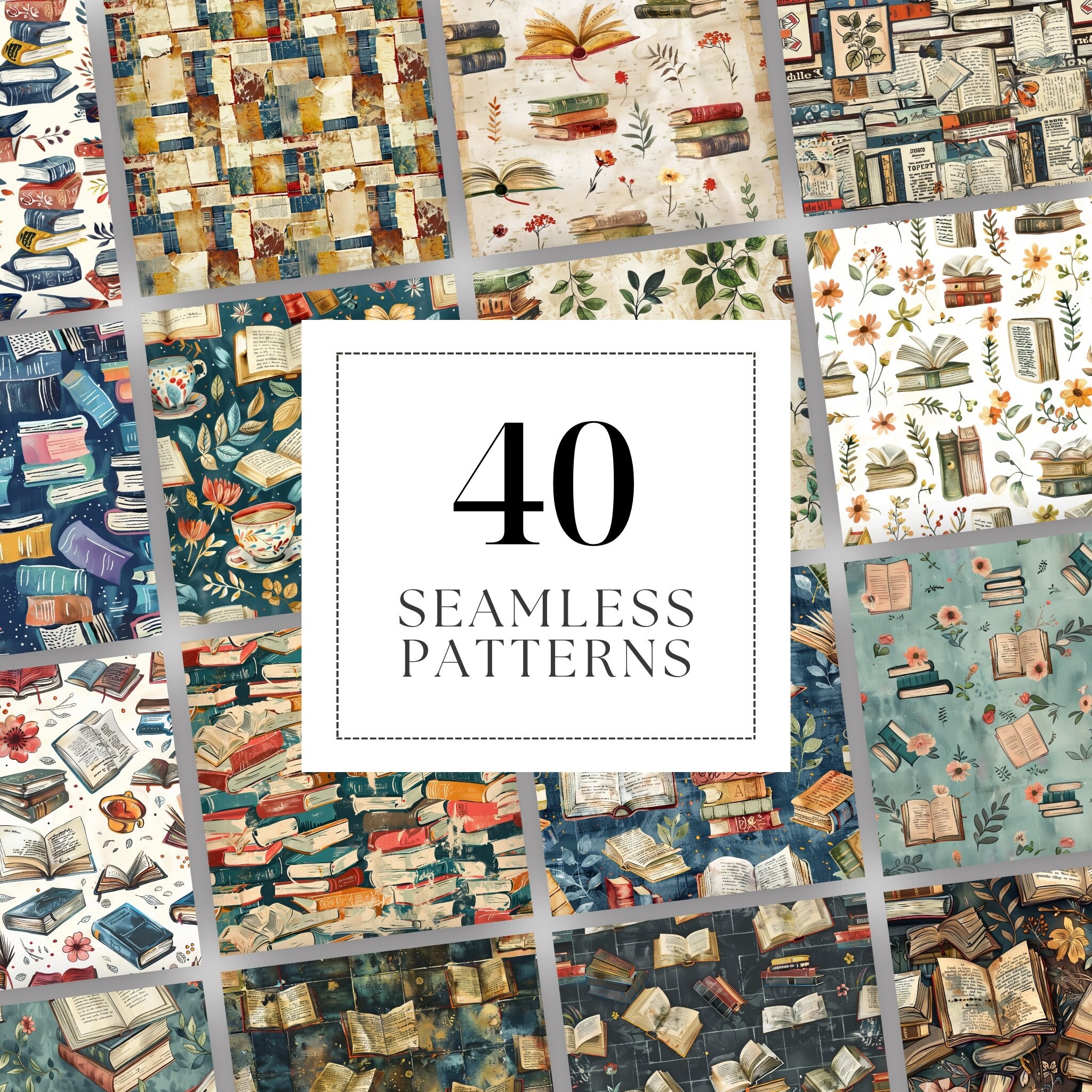 Books Digital Paper Pack: Seamless Library Patterns for Crafting, 40 ...